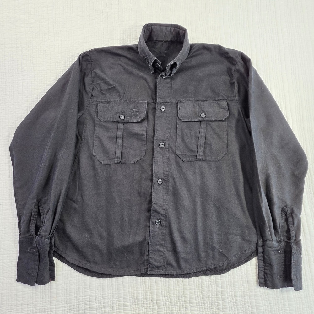 Chrome Hearts Style Gothic Cross Black Button Down Shirt Frayed Hem Mens EUC L